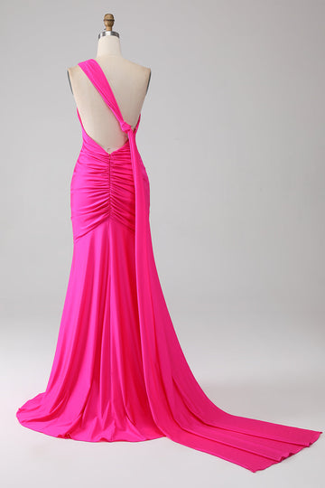 Vestido de fiesta largo de un hombro rosa intenso de sirena